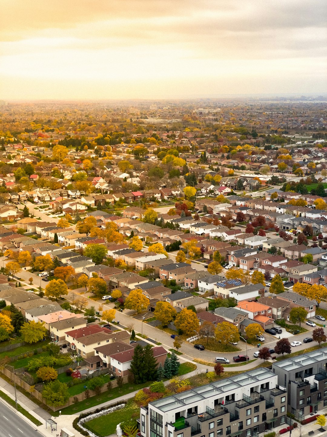 Aerial view of a quiet suburban neighborhood during autumn, with colorful fall trees and rows of houses stretching toward the horizon under warm sunset light.